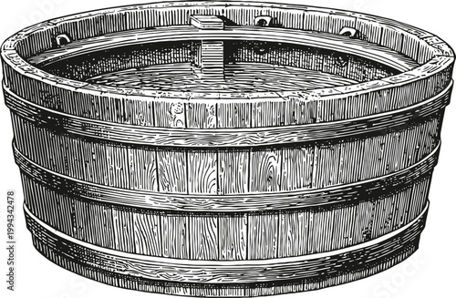 Vintage wooden tub with metal bands, handcrafted round water container, rustic bath and storage vessel