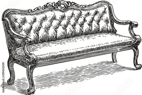 Elegant vintage tufted sofa with ornate carved wooden frame and curved legs illustration