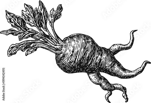 Vintage engraving black and white illustration of fresh radish with leaves and roots isolated on white background