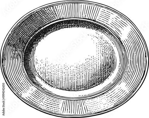 Vintage oval plate engraving classic ceramic dishware design antique tableware illustration with detailed shading and texture