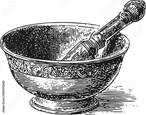 Antique ornate mortar and pestle vintage kitchen herb grinder, traditional carved bowl for crushing spices and ingredients