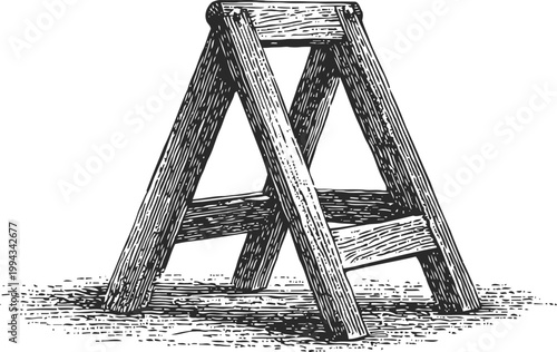 vintage illustration of wooden sawhorse with detailed texture and rustic craftsmanship