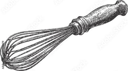 Vintage kitchen whisk with wooden handle hand drawn cooking utensil for mixing and baking