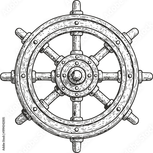 Vintage wooden ship steering wheel with detailed texture, nautical navigation and marine control illustration