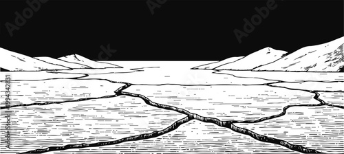 black and white cracked earth landscape with distant mountains and textured terrain illustration