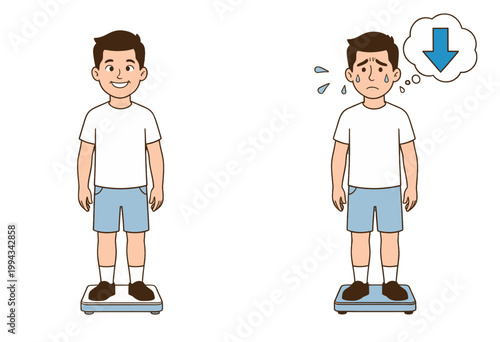 Man Losing Weight on Scale Illustration, before and after Comparison Vector Icon for Health Fitness App Interface