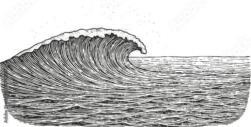 detailed vintage wave illustration in black and white, ocean water curling with foam crest, nautical sea pattern