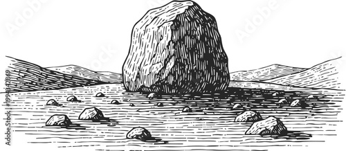 Large boulder standing alone in rocky desert landscape with scattered stones and distant hills