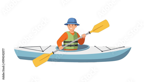 Man Kayaking in Kayak with Paddle, Vector Illustration Isolated on Transparent Background for Outdoor Recreation and Adventure Design