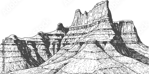 hand drawn mountain landscape with plateaus and hills detailed black and white sketch illustration