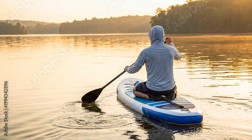 Rear view of a person paddleboarding on a serene lake during a beautiful golden sunrise, surrounded by peaceful nature.