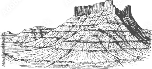 desert mesa landscape with flat topped mountain and layered rock formations in vintage