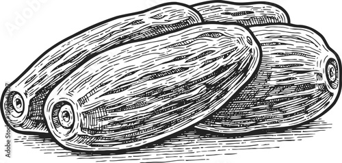 Three whole fresh lotus seeds hand drawn vintage botanical illustration of healthy natural plant food