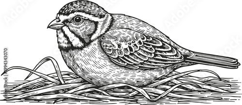 Detailed black and white illustration of a small bird sitting on a nest with twigs and grass