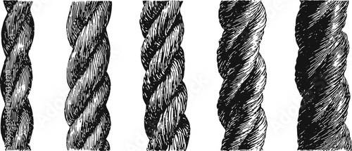 Set of detailed black and white twisted rope and cord textures, hand drawn vintage collection