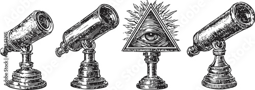 Vintage telescopes and all seeing eye pyramid illustration antique optical instruments and mystical symbolism drawing