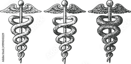 Vintage caduceus symbols with wings and intertwined serpents medical, healthcare, and healing emblems illustration