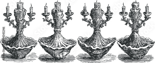vintage ornate candelabra with multiple candle holders in detailed black and white engraving