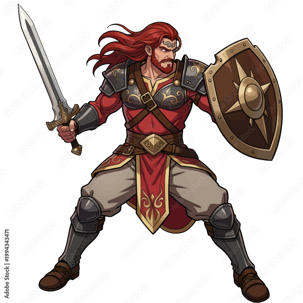 Obraz premium Red-Haired Knight Warrior Holding Sword and Shield Vector Illustration, Medieval Fantasy Character Isolated on Transparent Background
