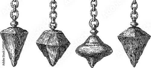 Set of vintage pendulums with chains in different geometric shapes, engraved antique collection