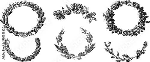 vintage botanical laurel wreaths hand drawn decorative frames with leaves and flowers for design and decoration