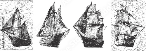 Vintage sailing ship illustrations old maritime vessels with detailed rigging and masts nautical sketch set on textured paper