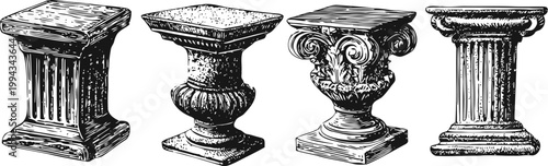 vintage classical architectural pedestal columns ornate antique stone bases with detailed carvings and fluted designs for sculpture or decor