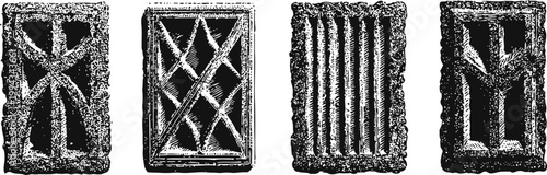 Four ancient runic stone tablets with engraved symbols in black and white illustration
