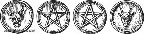 Ancient occult symbols set hand drawn mystical illustrations of pentagram and goat head in circular designs