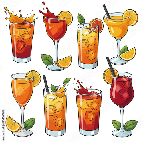 Refreshing Tropical Cocktail Drinks Vector Illustration, Isolated Transparent Background with Lemon Slices and Ice Cubes for Bar Menu or Advertising