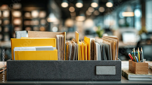 Office outbox tray with neatly arranged documents, folders, office supplies, professional workspace, modern corporate interior, productivity-enhancing business setup