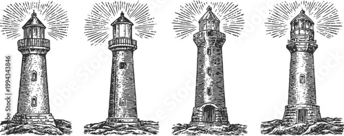 Vintage lighthouse illustrations set with glowing beacons on rocky shores, nautical maritime symbols