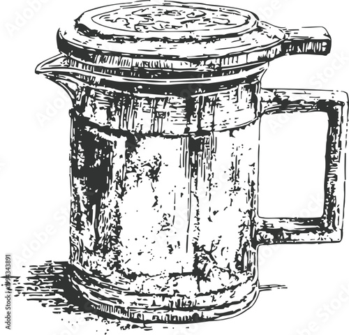 Vintage coffee press illustration old fashioned french press with handle and lid hand drawn black ink sketch on white background