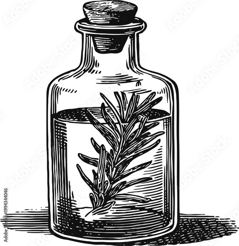 Glass bottle with rosemary herb immersed in liquid, vintage hand drawn illustration of aromatic plant extract