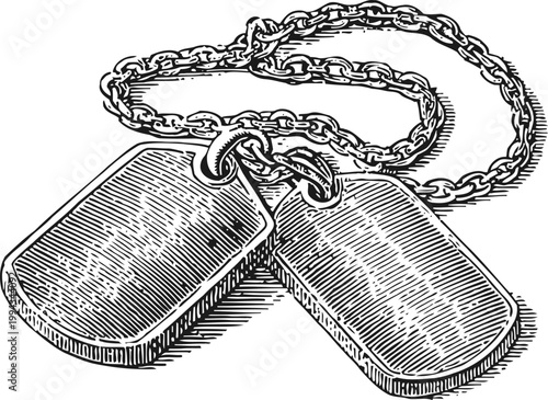 Vintage military dog tags with chain, engraved identification plates, army soldier equipment
