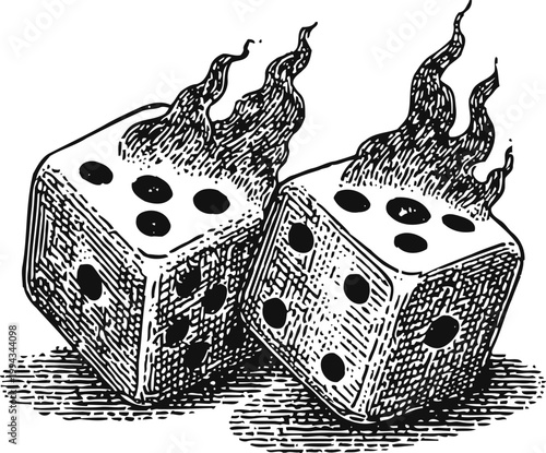 Burning dice illustration with flames, detailed vintage gambling concept drawing in black and white