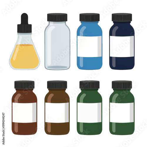 Set of Eight Laboratory Reagent Bottles with Dropper and Blank Labels, Isolated Vector Illustration for Science Education or Chemistry Research