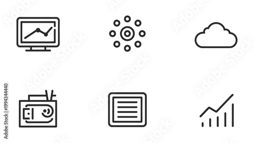 Digital Icons: A set of six digital icons representing various technological concepts, offering a modern and minimalist design suitable for diverse digital applications.