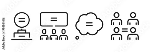 Social equality and human rights icons set, diversity, fairness, equal opportunity and inclusion concept, community support and ethical values symbols, linear outline design, flat vector illustration.