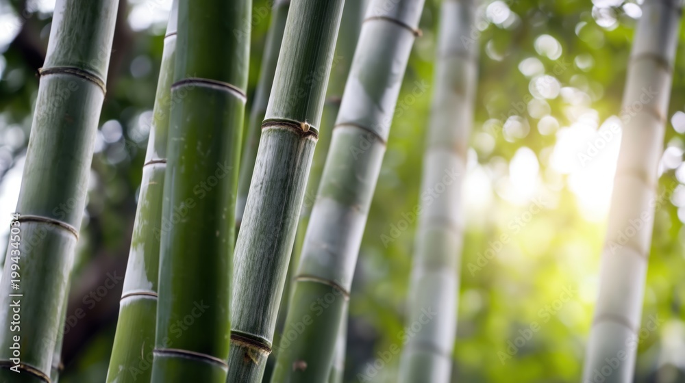 Fototapeta premium Lush Green Bamboo Stalks in Sunlight with Soft Nature Background, Fresh Minimalist Botanical Texture Ideal for Eco-Friendly Design