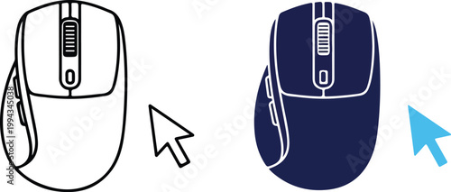 A black and white computer mouse next to a colored computer mouse isolated on white background, Vector