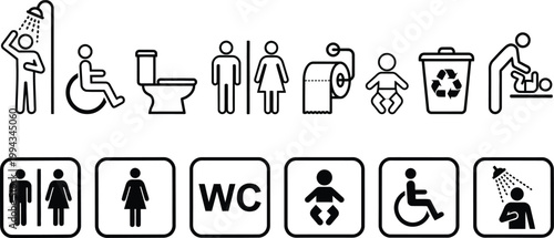 Universal restroom symbols collection with gender accessibility hygiene and recycling icons in minimalist black and white style
