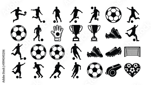 Soccer icons collection featuring players balls gloves trophies and goals in bold black silhouettes
