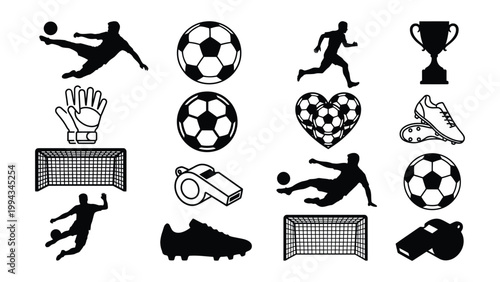 Black and white soccer icons featuring players balls gloves cleats goals and trophy silhouettes for sports design