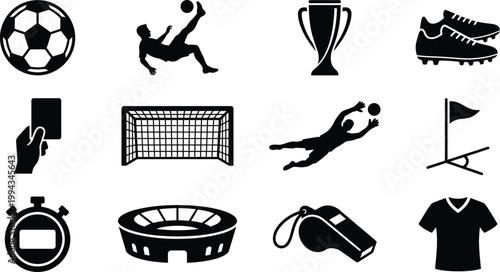Set of black and white minimalist soccer icons including ball player goal trophy shoes referee stadium and accessories