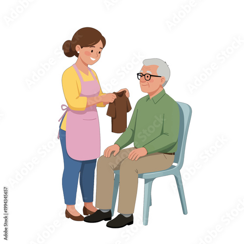 Woman Helping Elderly Man Try on Shirt, Caregiving Illustration, Isolated Transparent Background Vector Icon for Healthcare and Senior Care