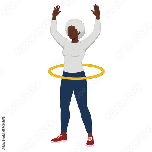 Woman Hula Hooping with Yellow Hoop Vector Illustration, Isolated Transparent Background for Fitness and Wellness Design