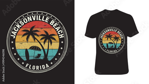 Retro sunset design on black t shirt featuring jacksonville beach logo with palm trees and vibrant colors