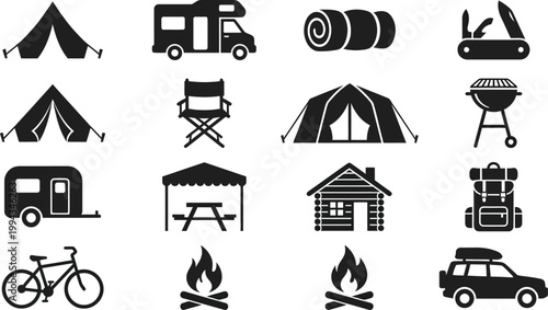Black and white icons of camping equipment including tents rv camera bicycle car and backpacks for outdoor travel