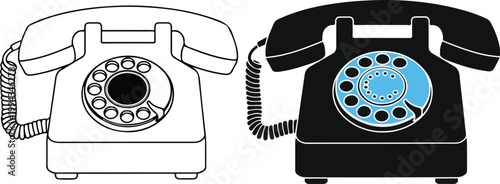 A black and white rotary phone next to a black rotary phone isolated on white background, Vector